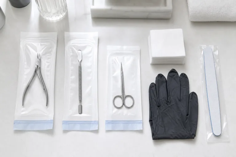 Instrumentos de manicure embalados, lixa descartável, luva e compressas sobre bancada clara