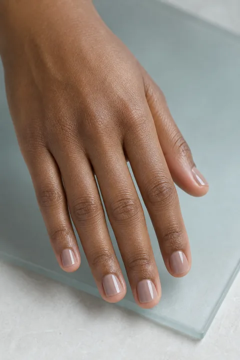 Mão com unhas naturais bem curtas e arredondadas em tom taupe translúcido